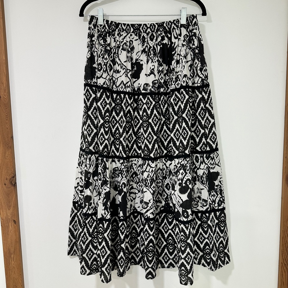 Elementz‎ Ikat Floral Tiered Maxi Skirt Womens Medium Black White | Boho Chic